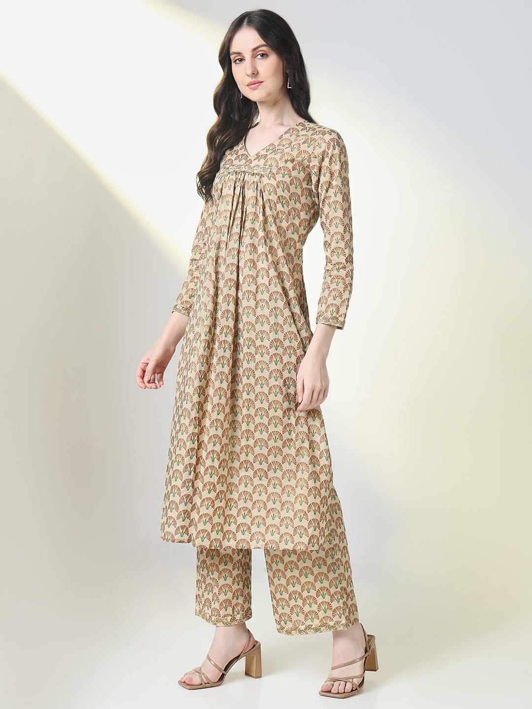 Women Beige Floral A Line Kurta Set