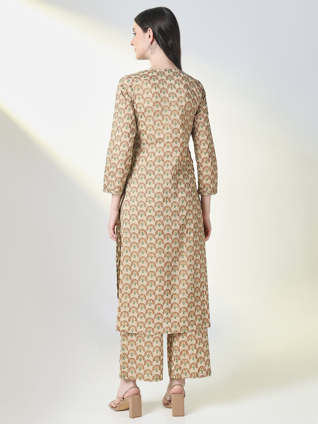 Women Beige Floral A Line Kurta Set