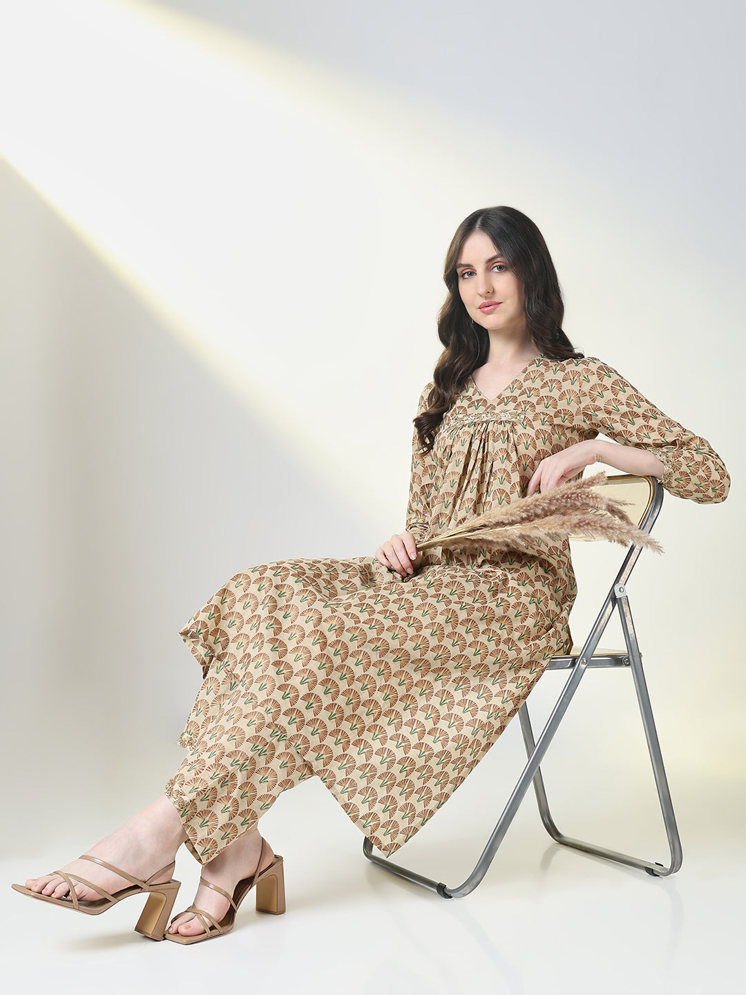 Women Beige Floral A Line Kurta Set