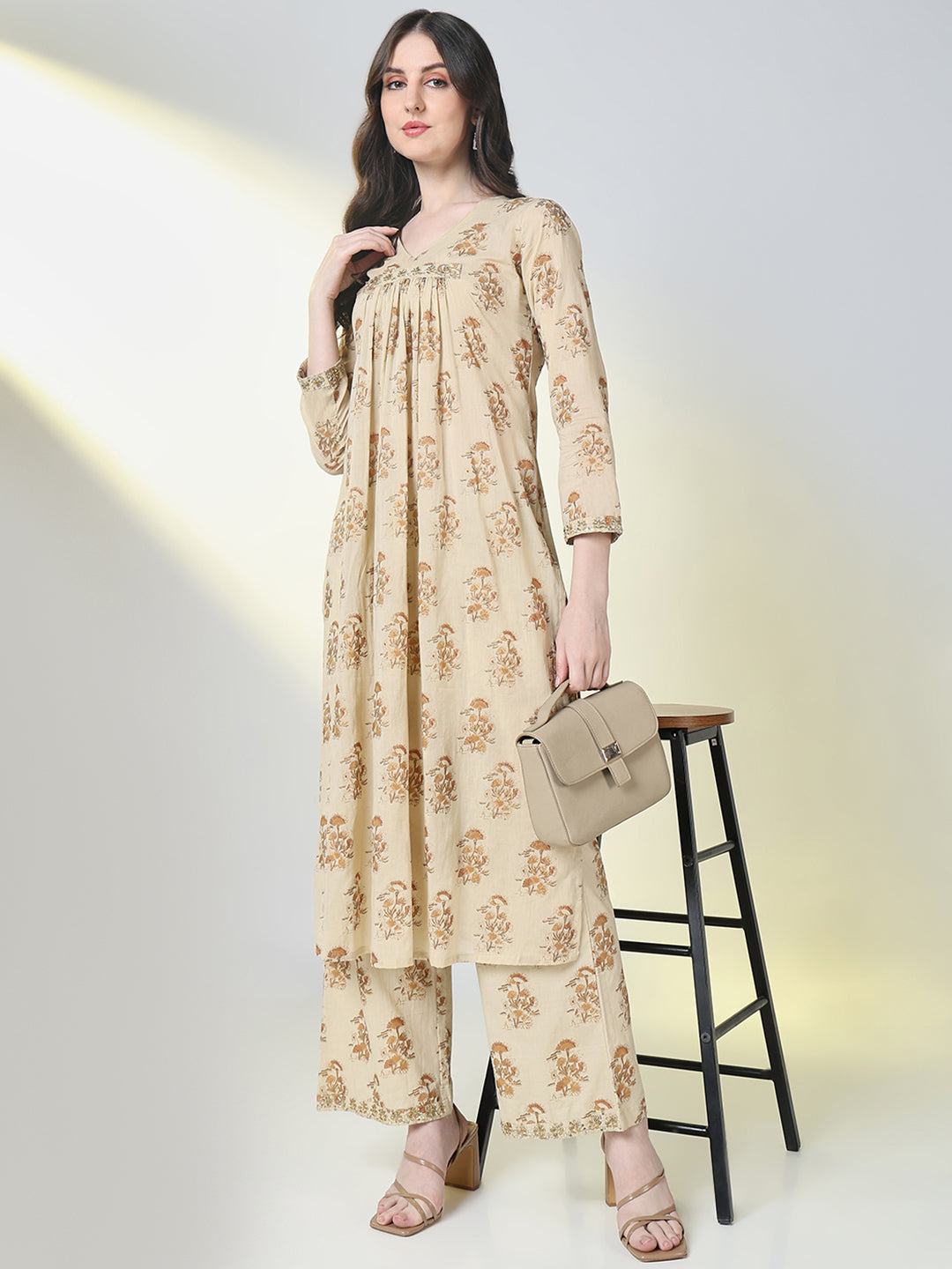 Women Beige Graphic A Line Kurta Set