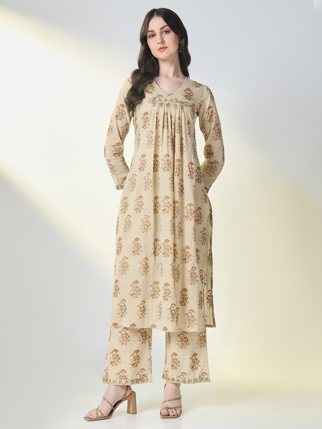 Women Beige Graphic A Line Kurta Set