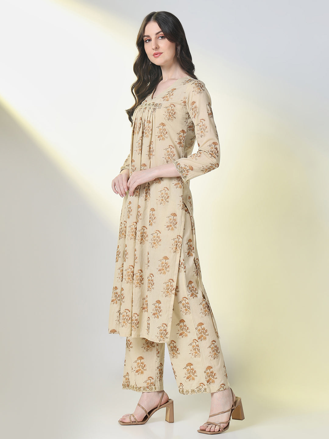 Women Beige Graphic A Line Kurta Set