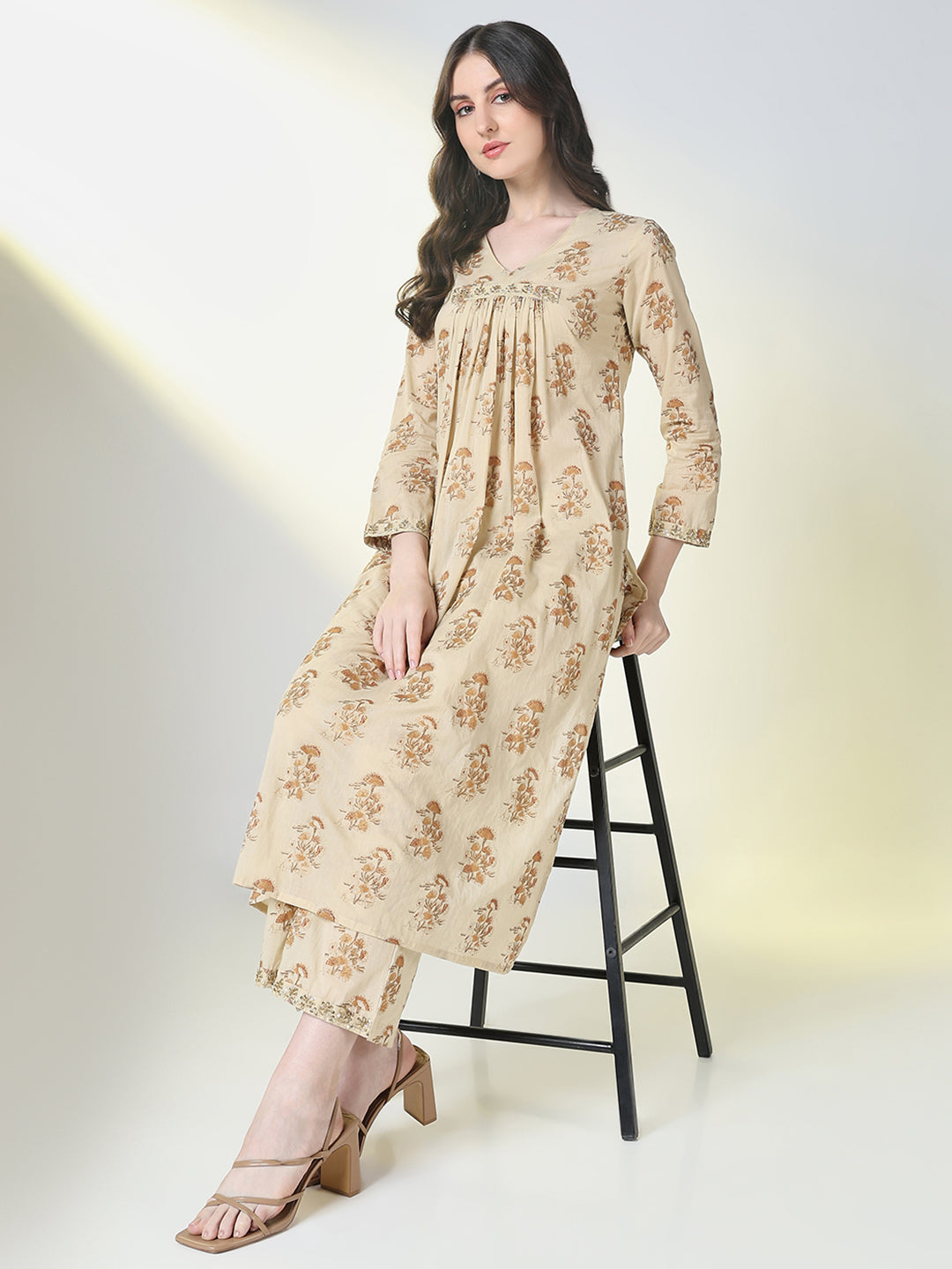 Women Beige Graphic A Line Kurta Set