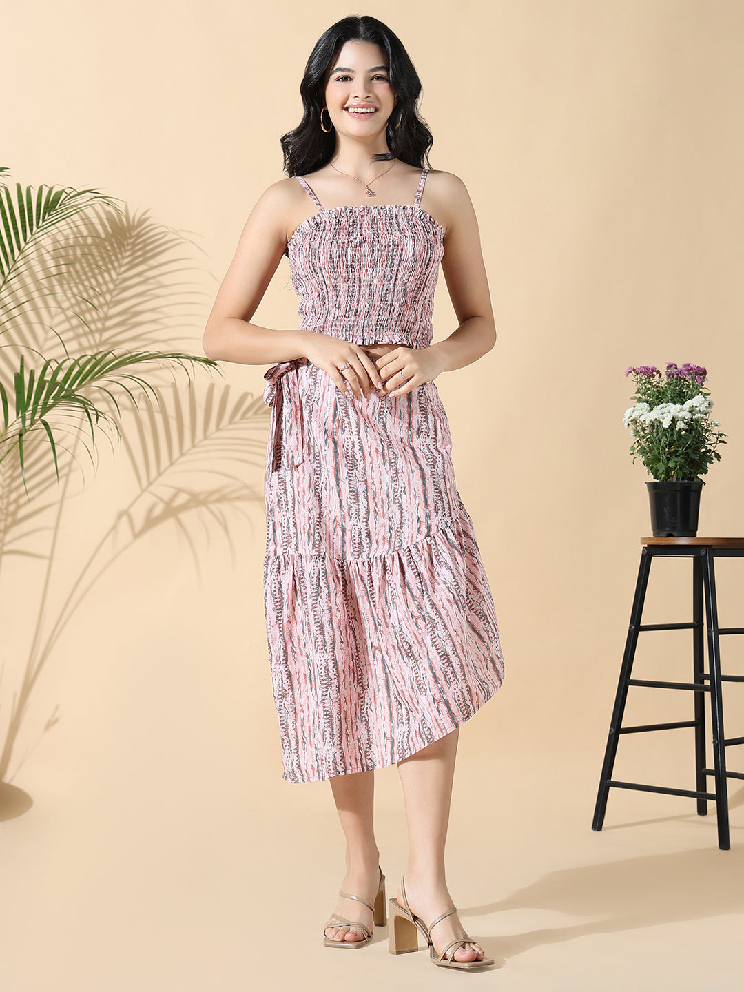 Women Peach Printed Top with Skirt Co-ords Set