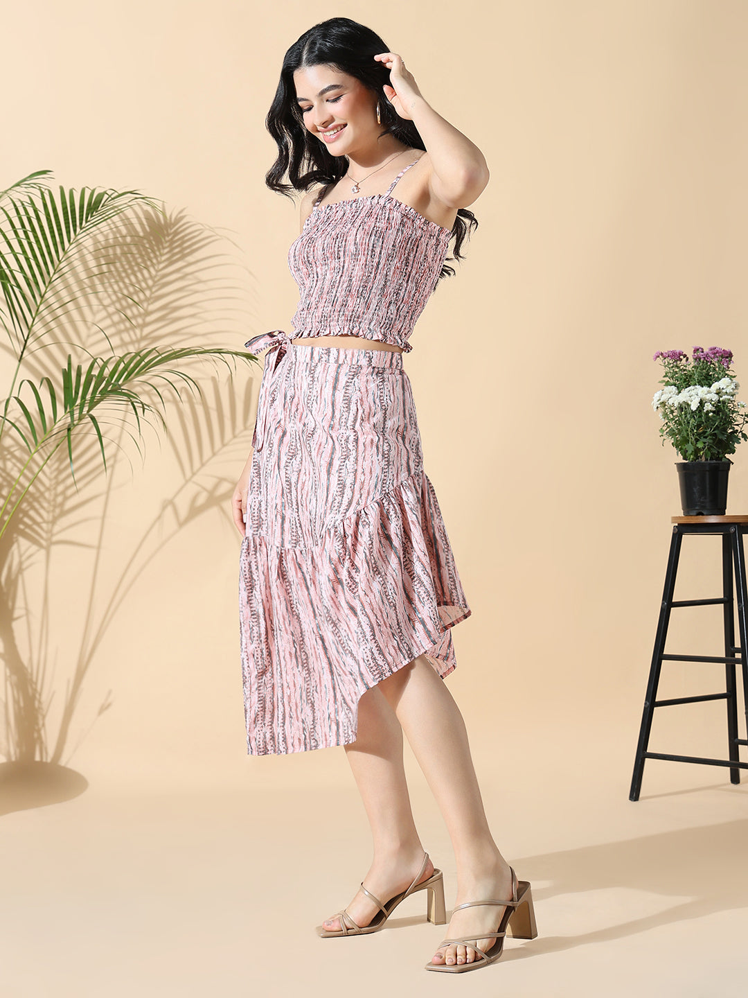 Women Peach Printed Top with Skirt Co-ords Set