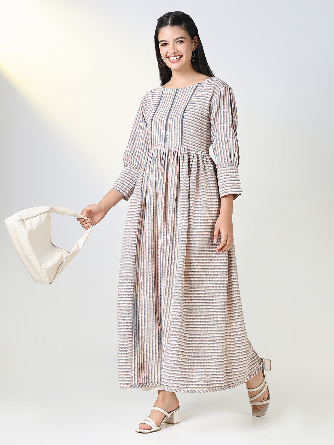 Women Grey Striped Anarkali Kurta