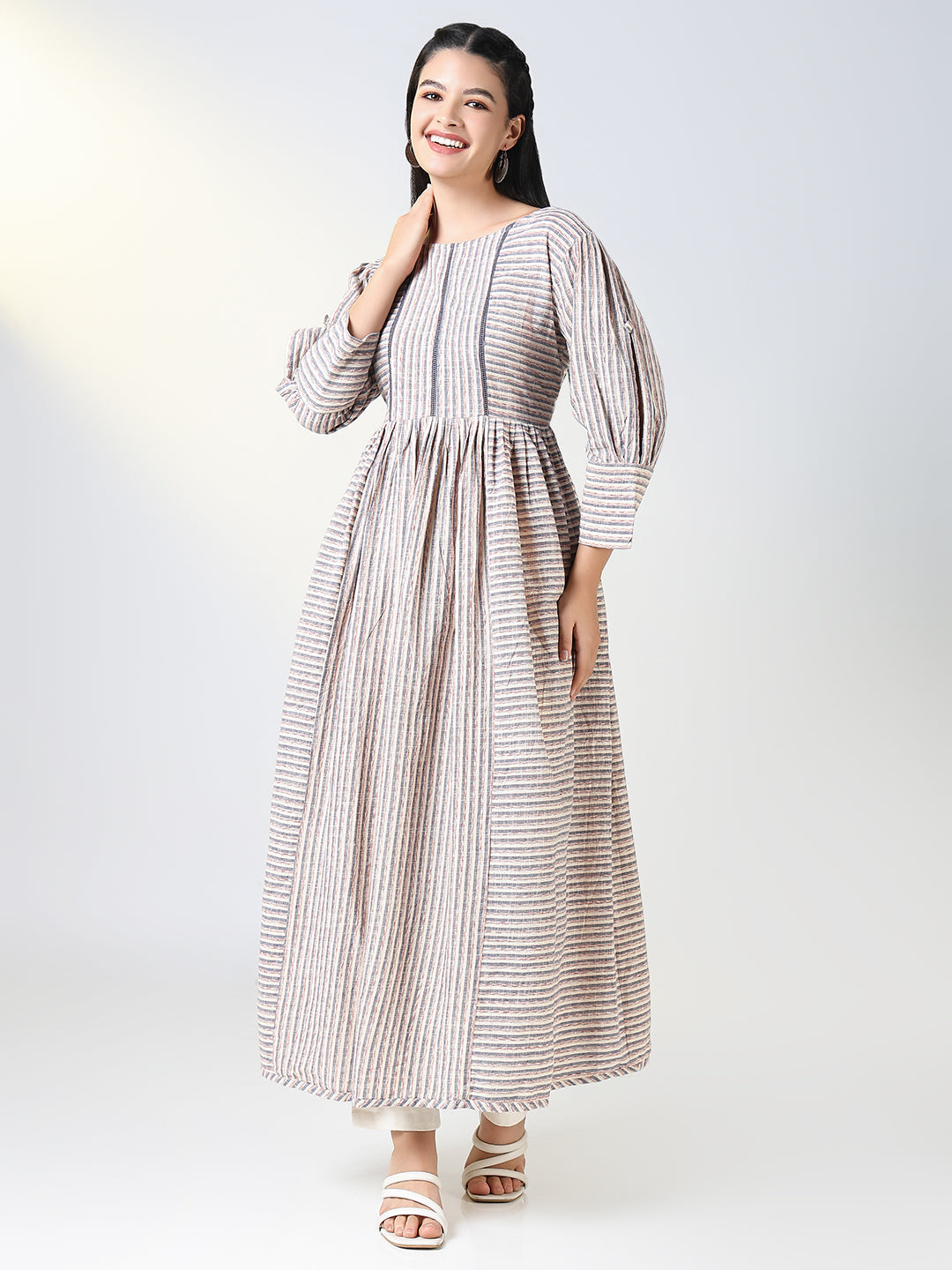 Women Grey Striped Anarkali Kurta