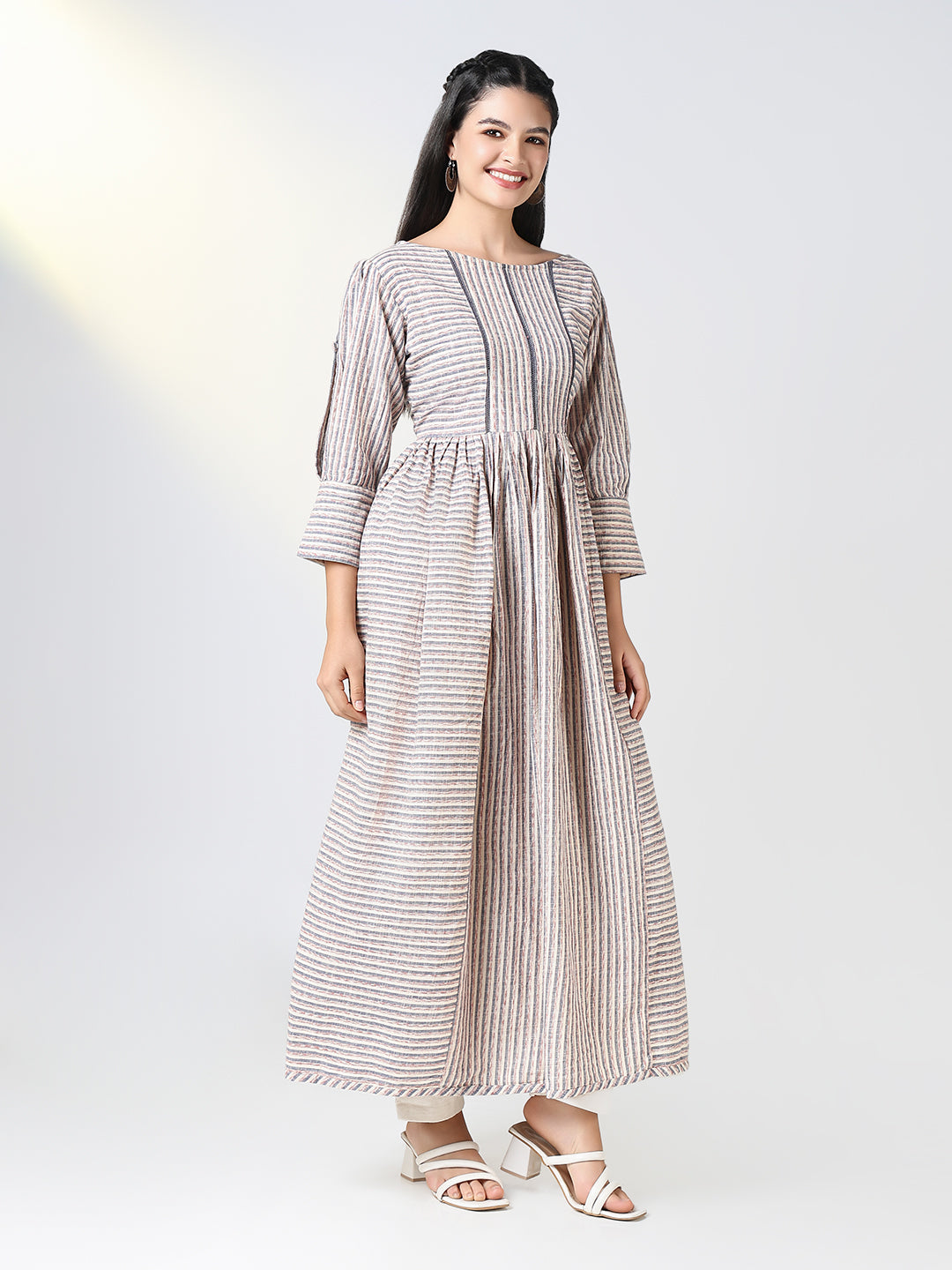 Women Grey Striped Anarkali Kurta