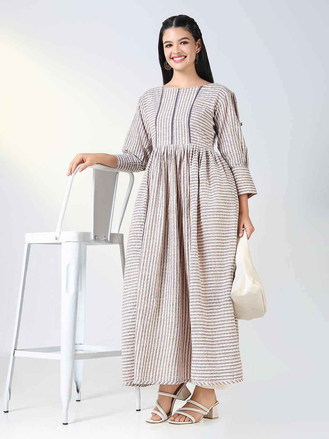 Women Grey Striped Anarkali Kurta