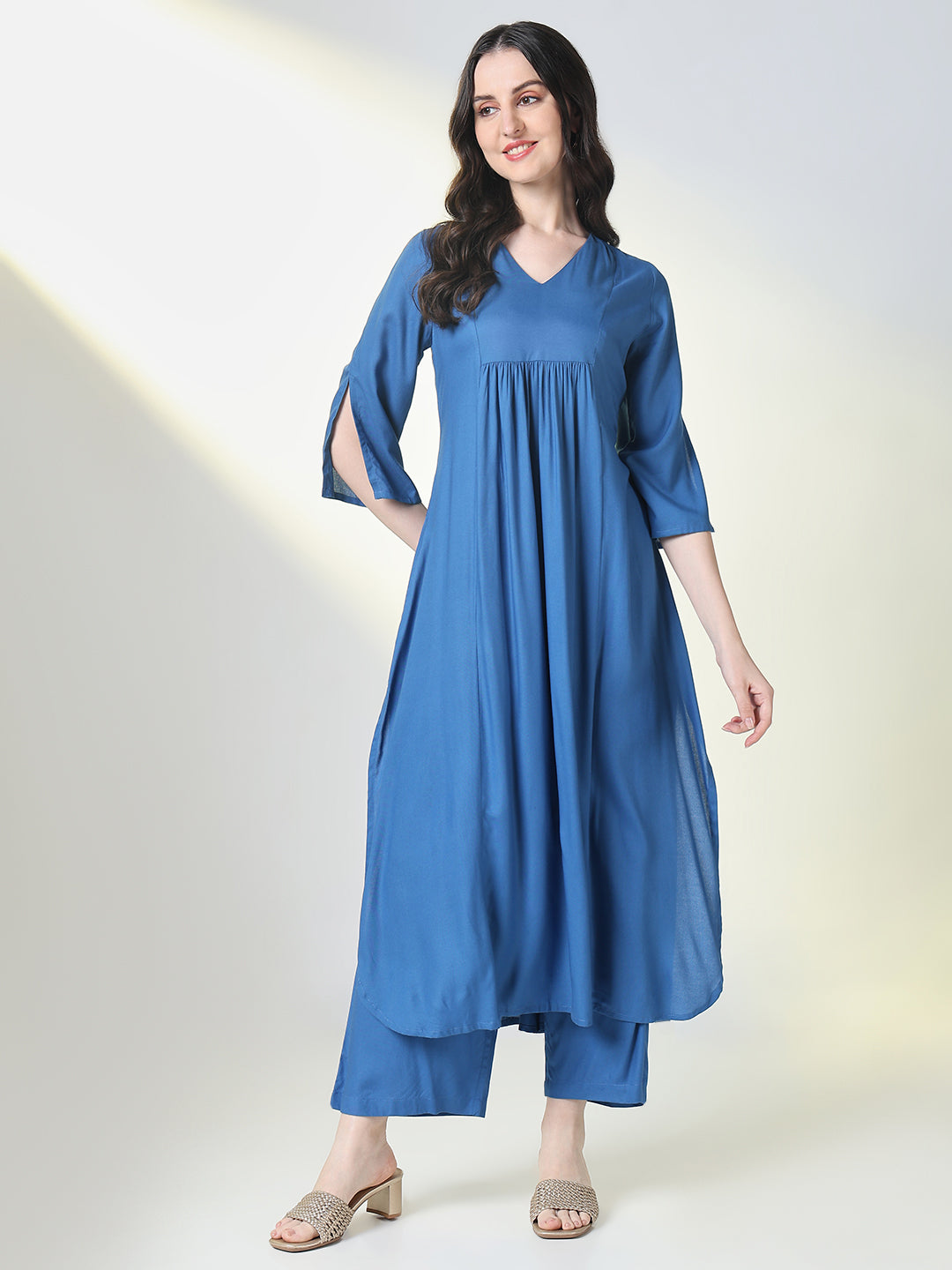 Women Blue Solid A Line Kurta Set