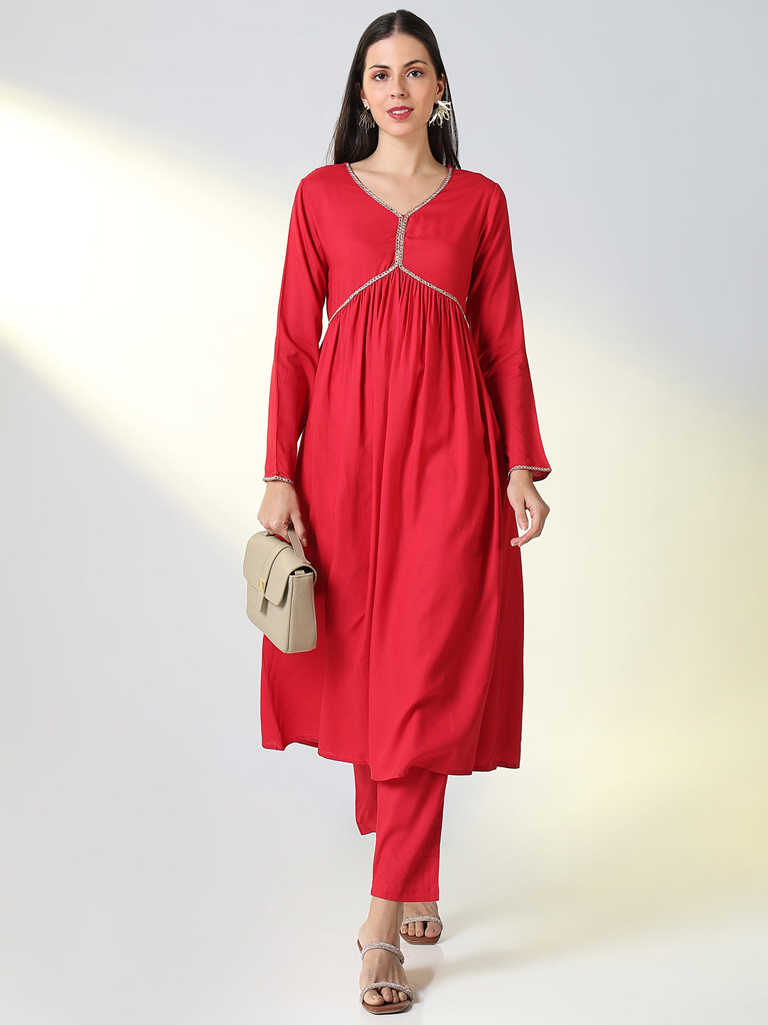 Women Red Solid A Line Kurta Set