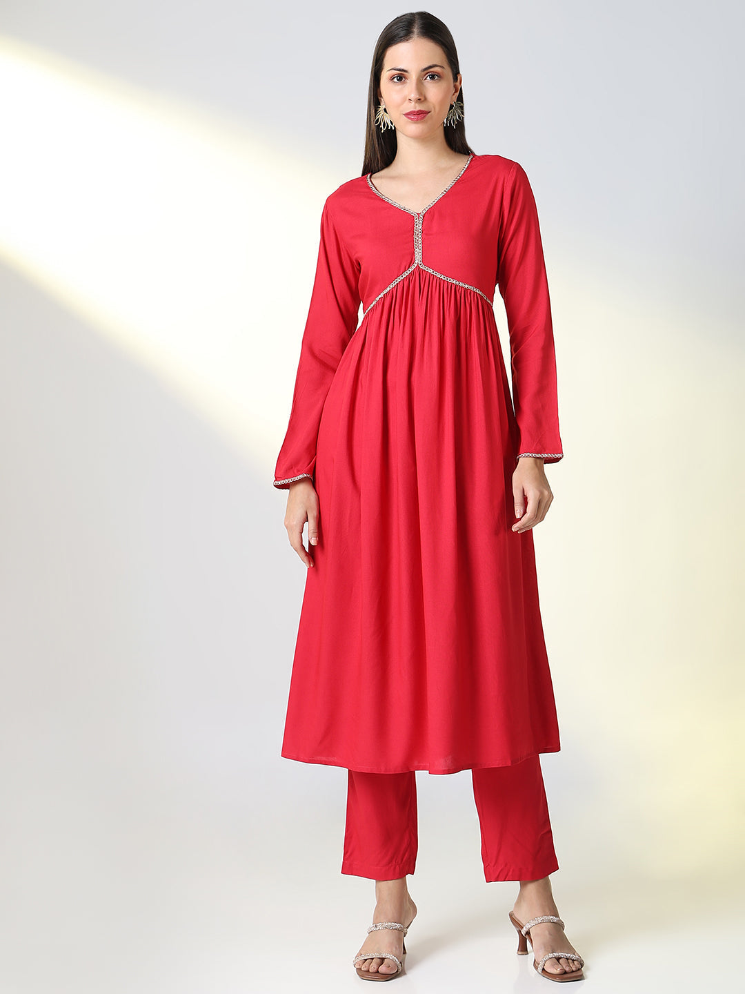 Women Red Solid A Line Kurta Set