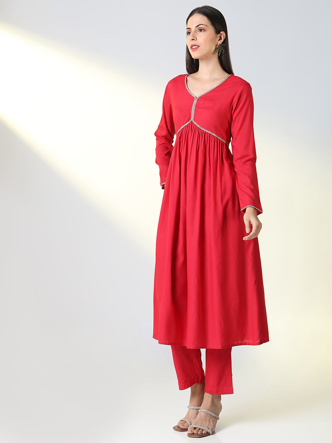 Women Red Solid A Line Kurta Set