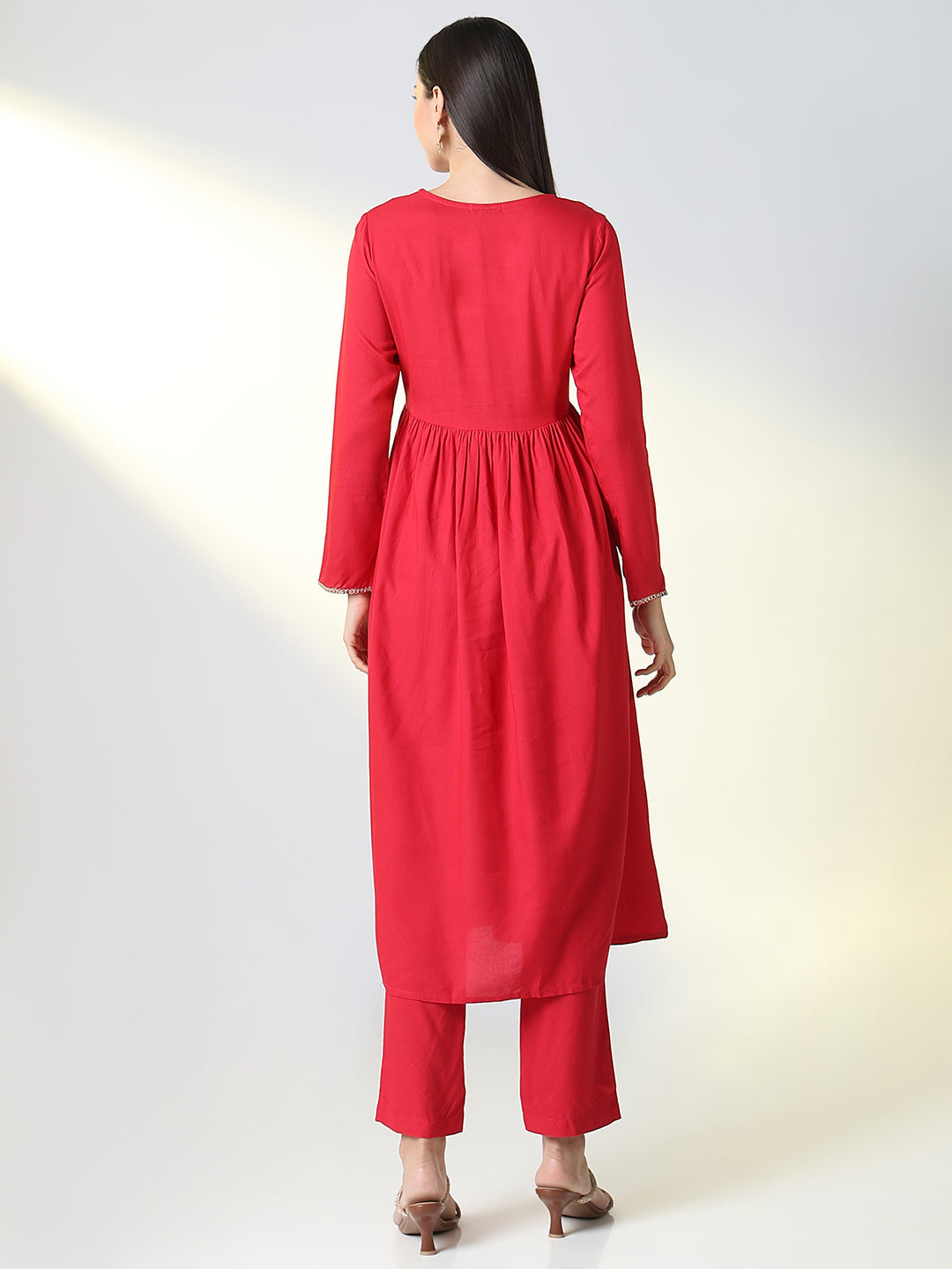 Women Red Solid A Line Kurta Set