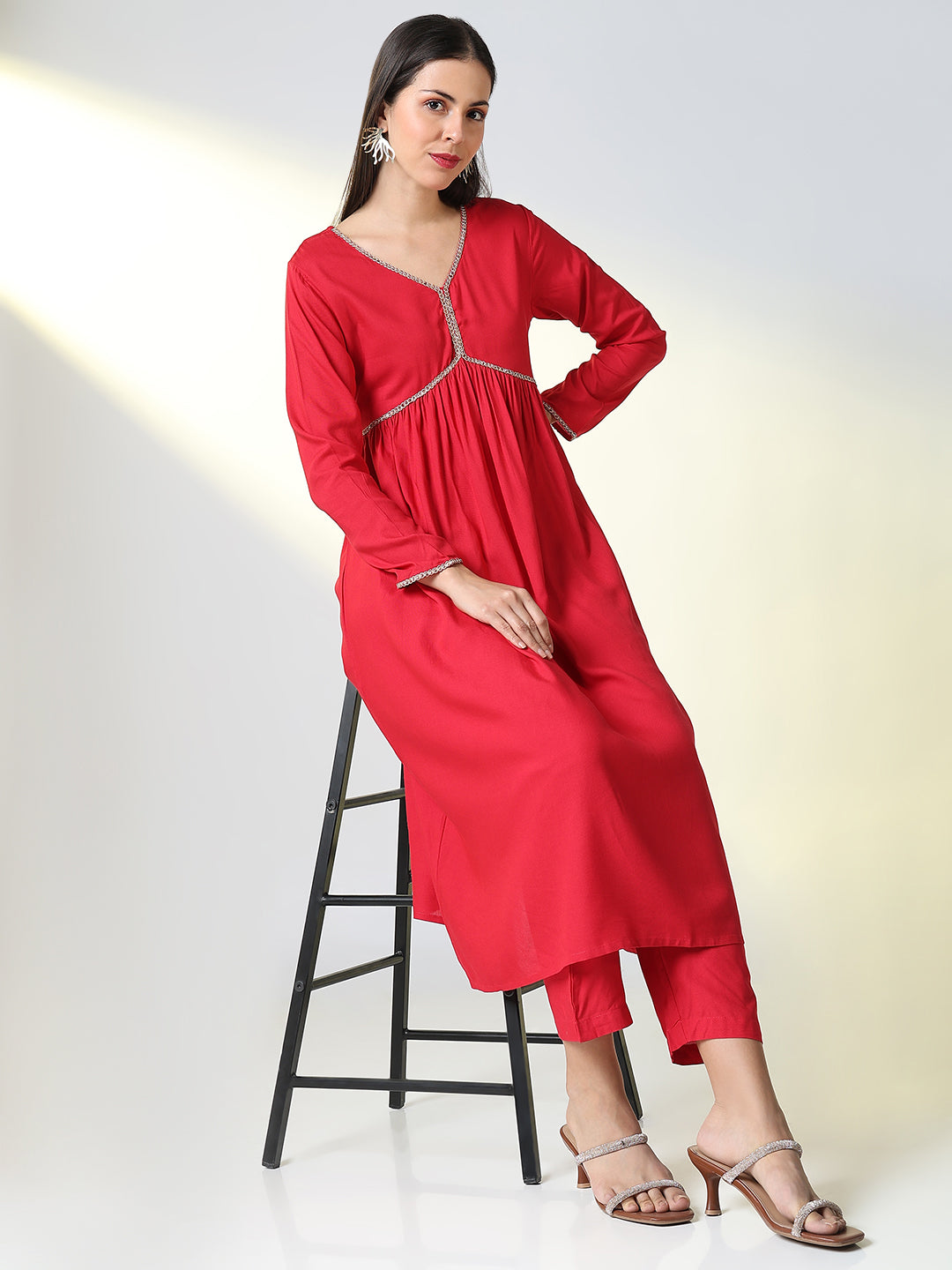 Women Red Solid A Line Kurta Set