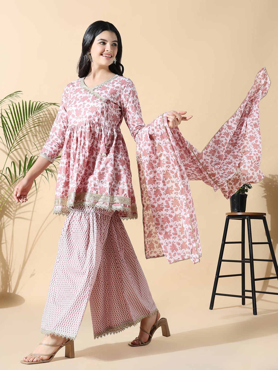 Women Floral Anarkali Pink Kurti and Sharara with Dupatta