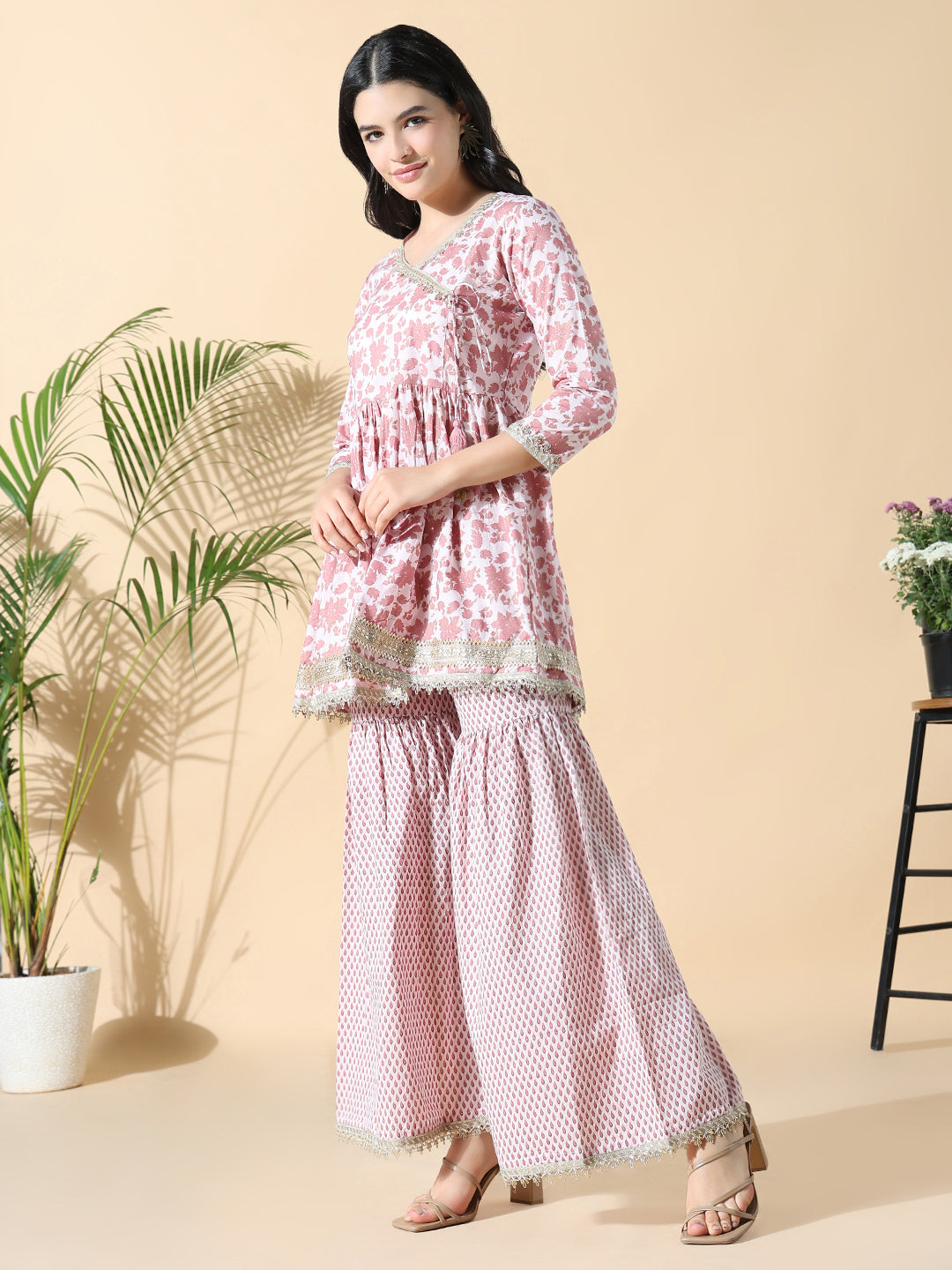 Women Floral Anarkali Pink Kurti and Sharara with Dupatta