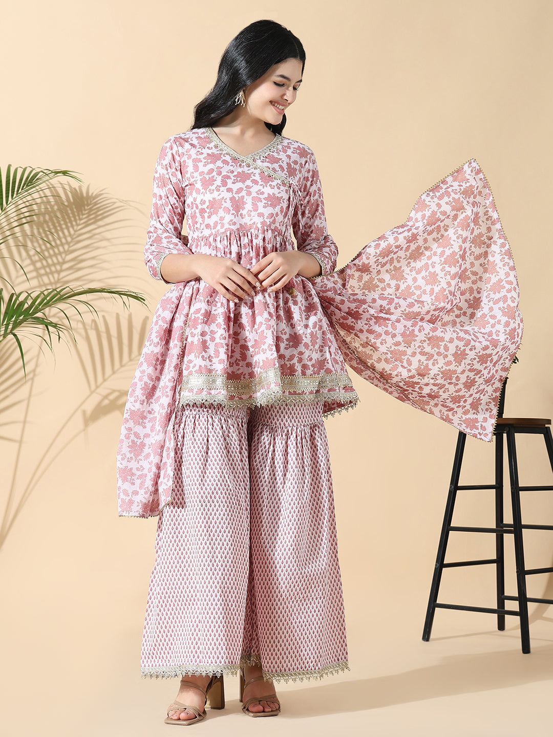 Women Floral Anarkali Pink Kurti and Sharara with Dupatta