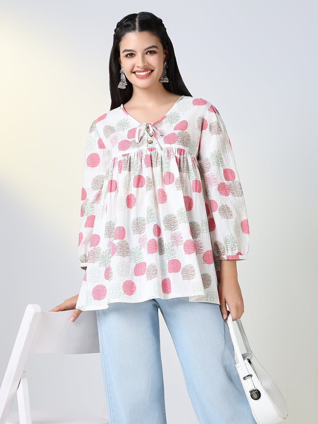 Women Cotton White V-Neck A Line Kurti