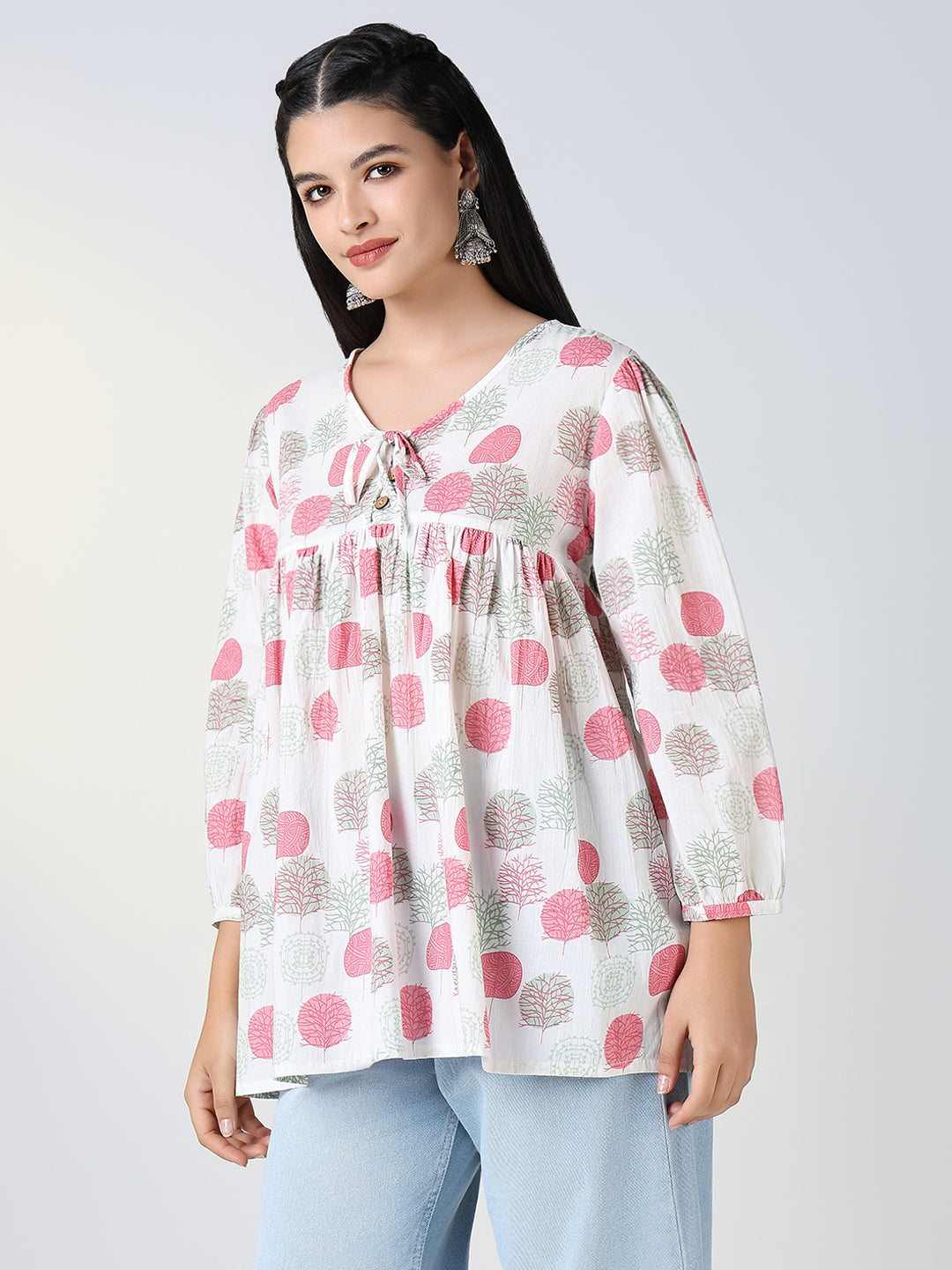 Women Cotton White V-Neck A Line Kurti