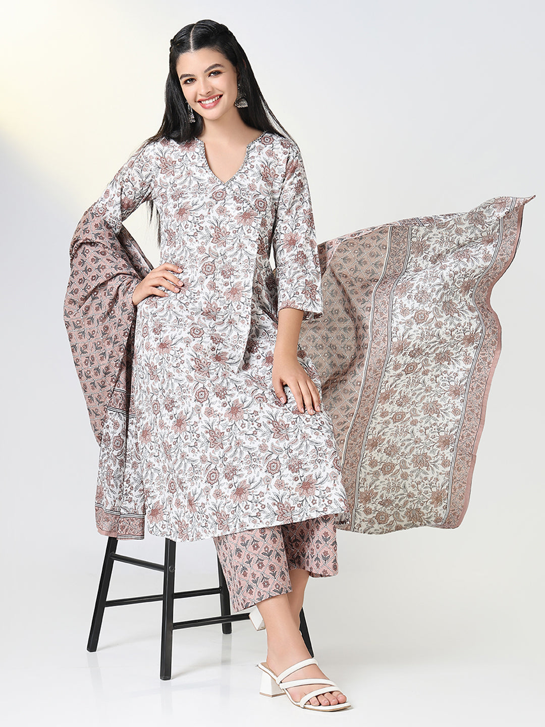 Women Brown Floral A Line Kurta Set with Dupatta