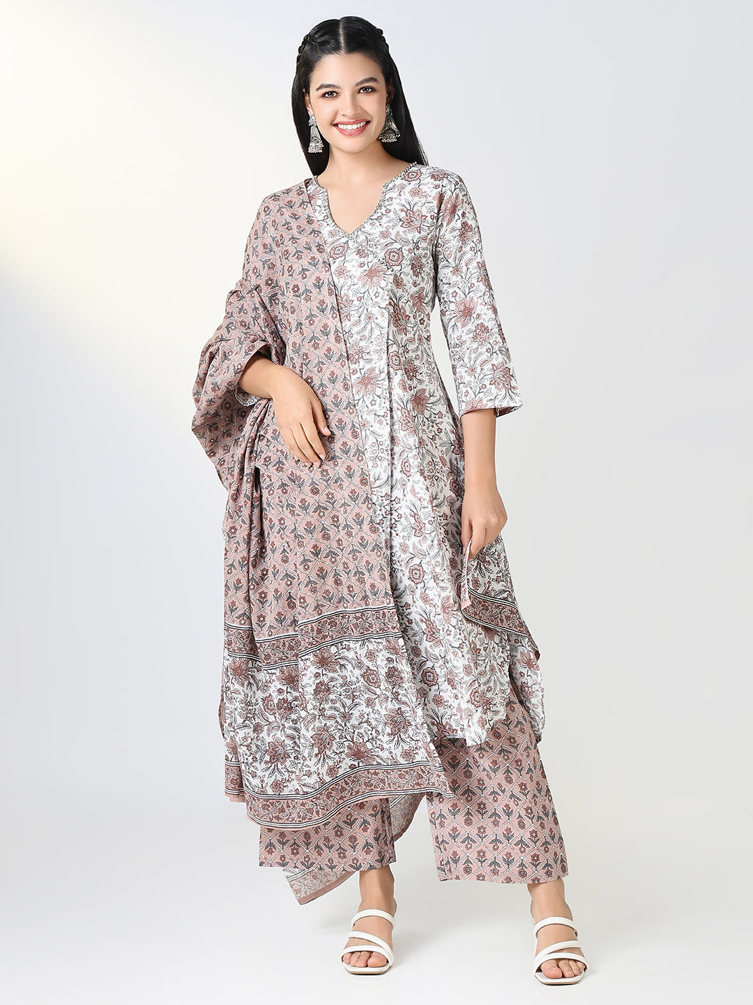 Women Brown Floral A Line Kurta Set with Dupatta