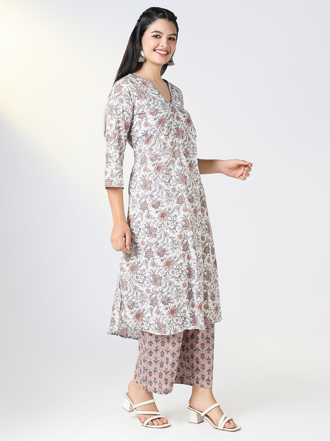 Women Brown Floral A Line Kurta Set with Dupatta