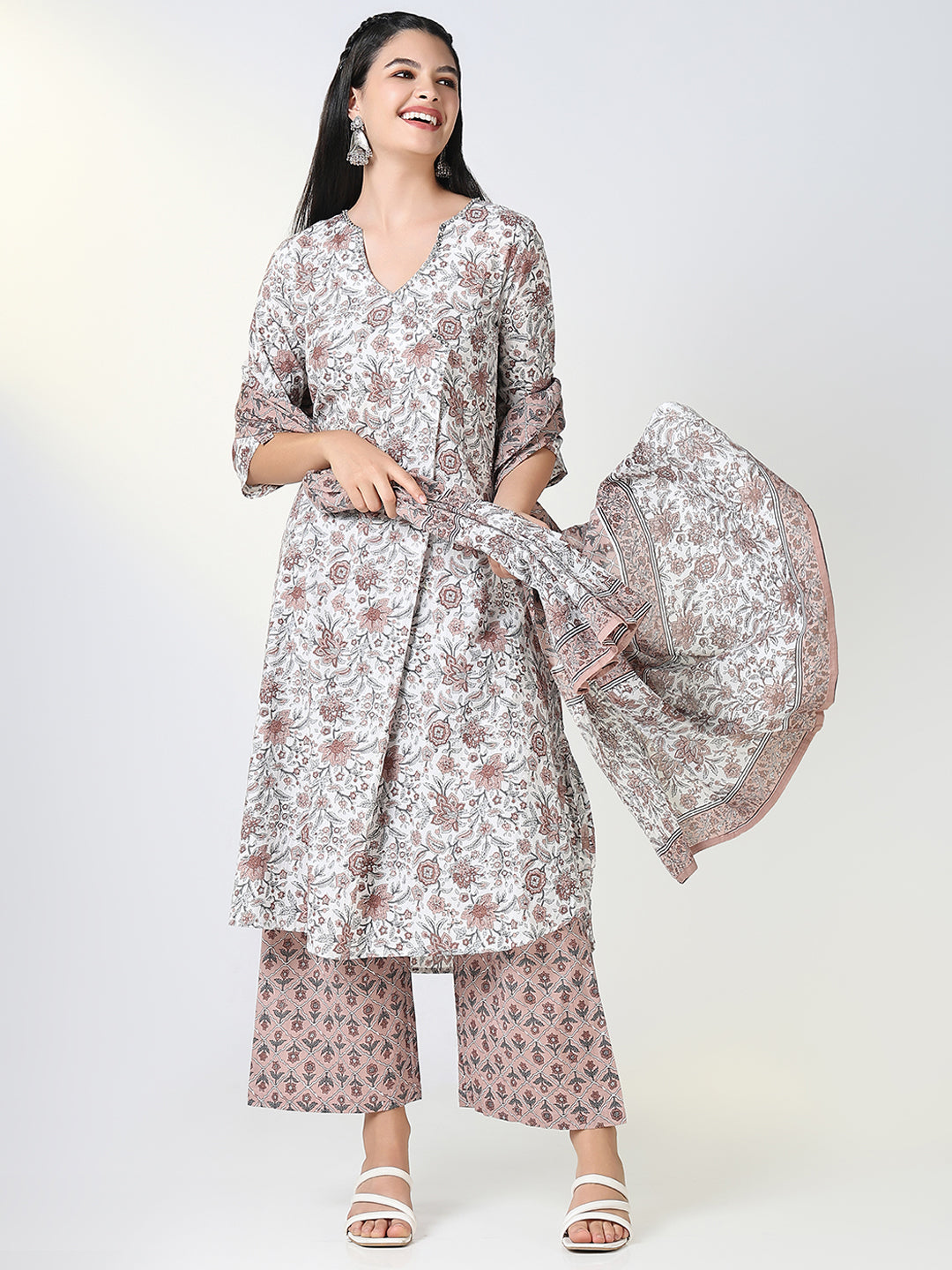 Women Brown Floral A Line Kurta Set with Dupatta