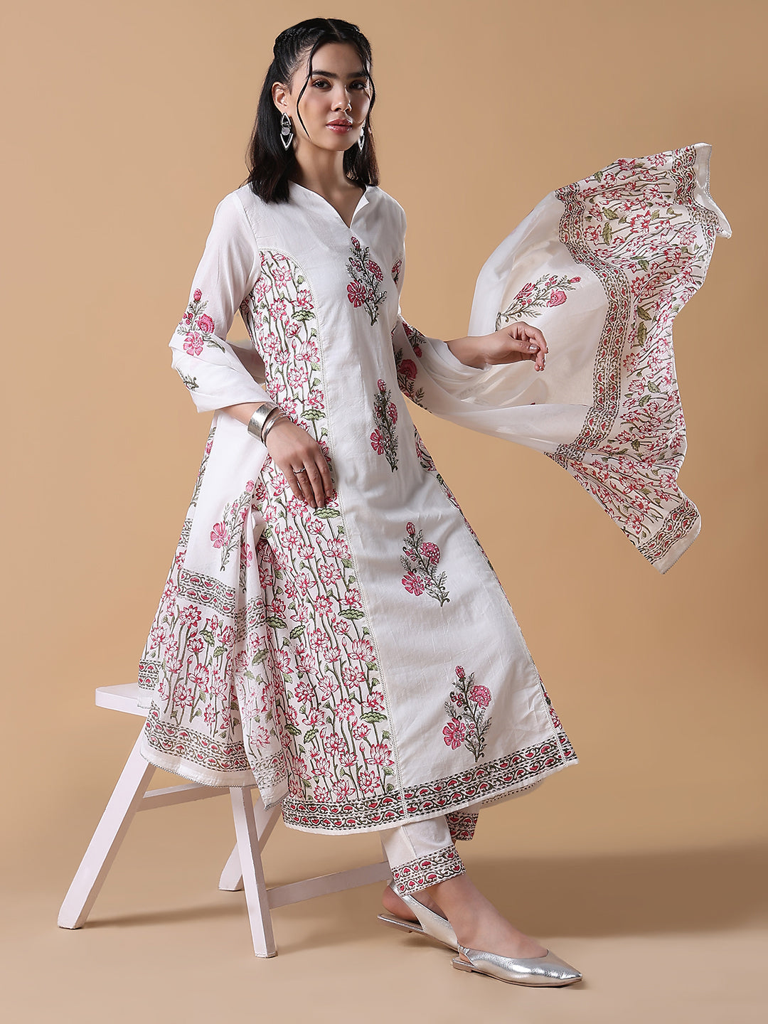 Women Hand Block Print A-Line White Kurta Set with Dupatta