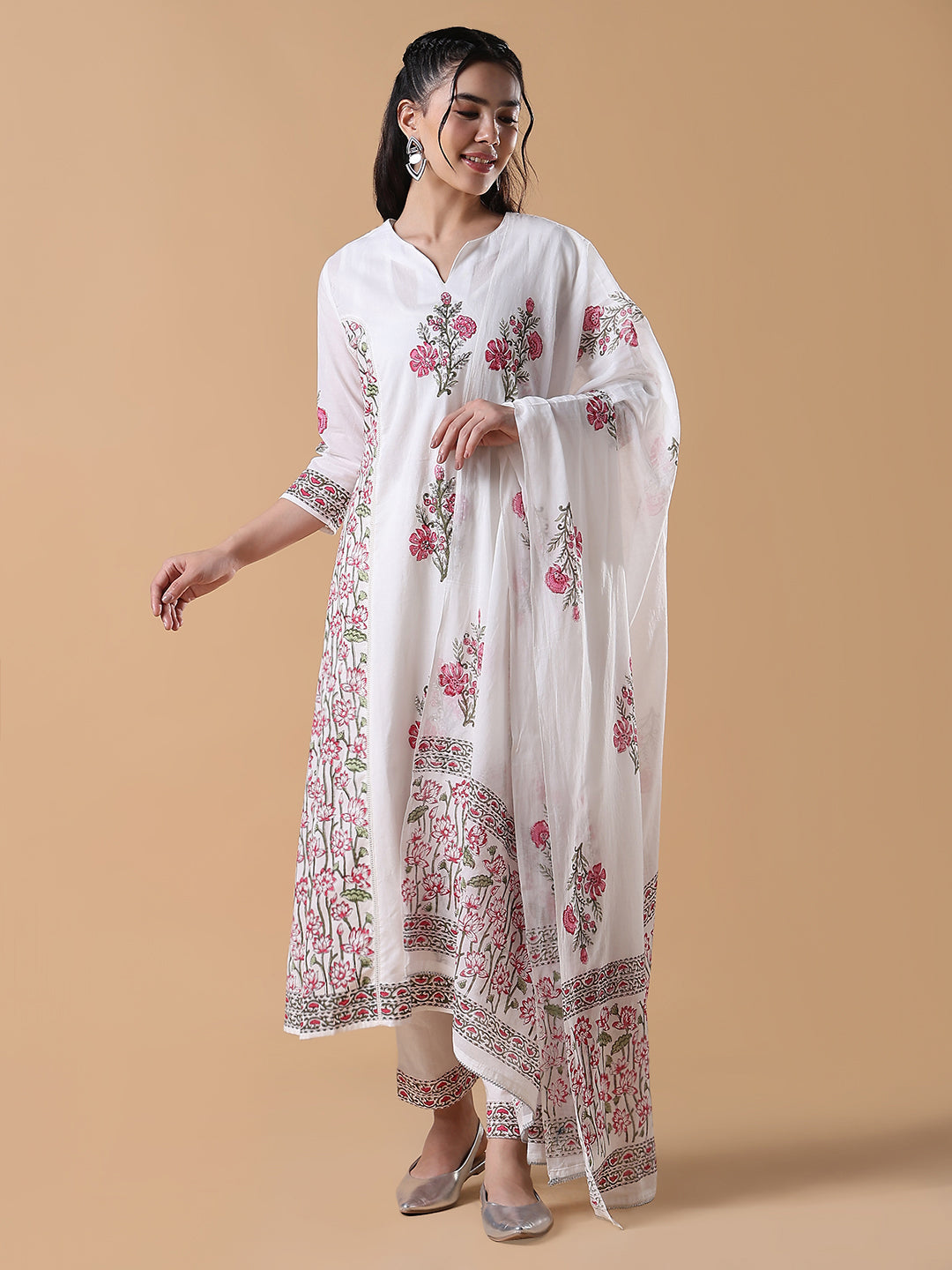 Women Hand Block Print A-Line White Kurta Set with Dupatta