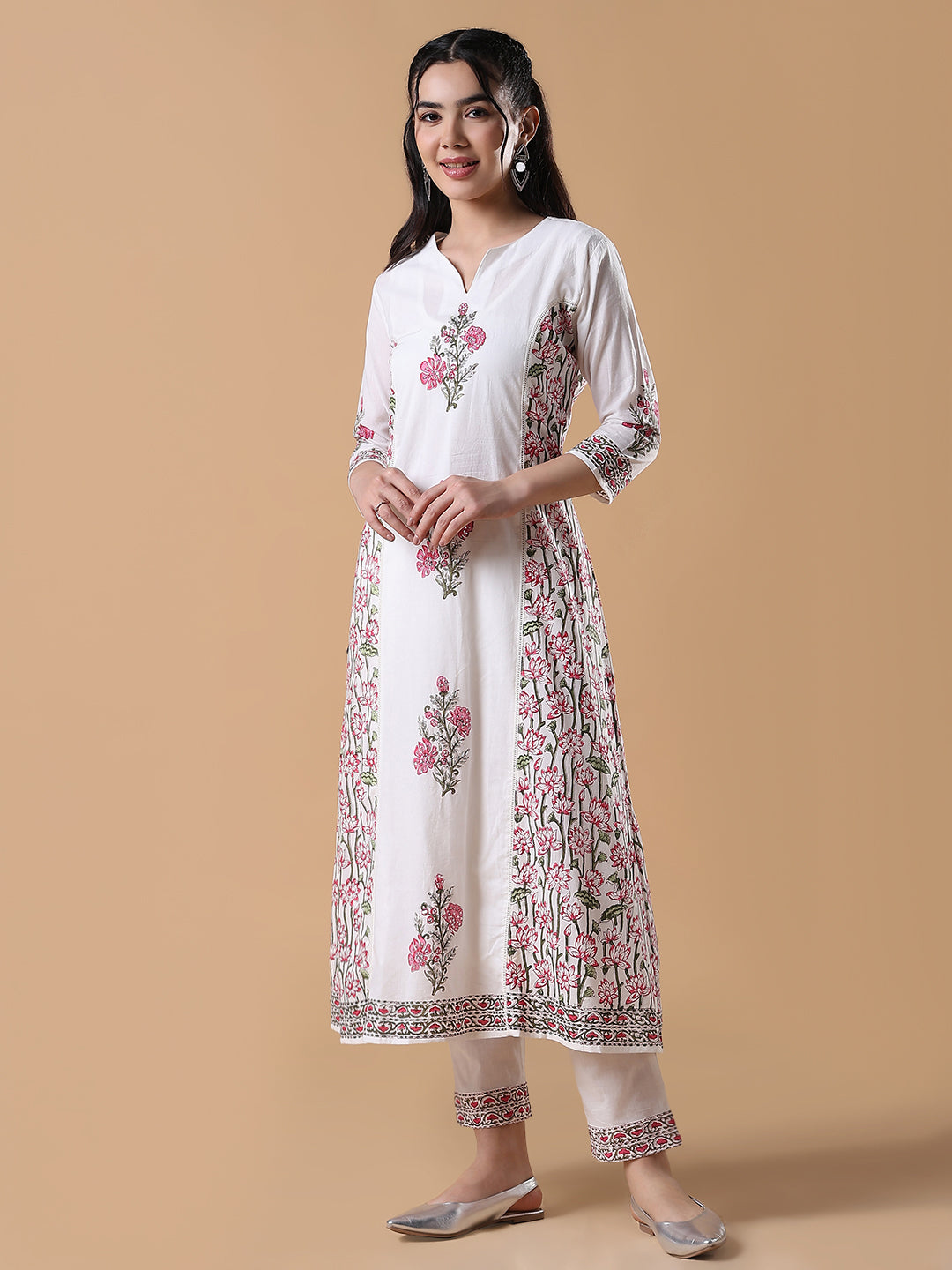 Women Hand Block Print A-Line White Kurta Set with Dupatta