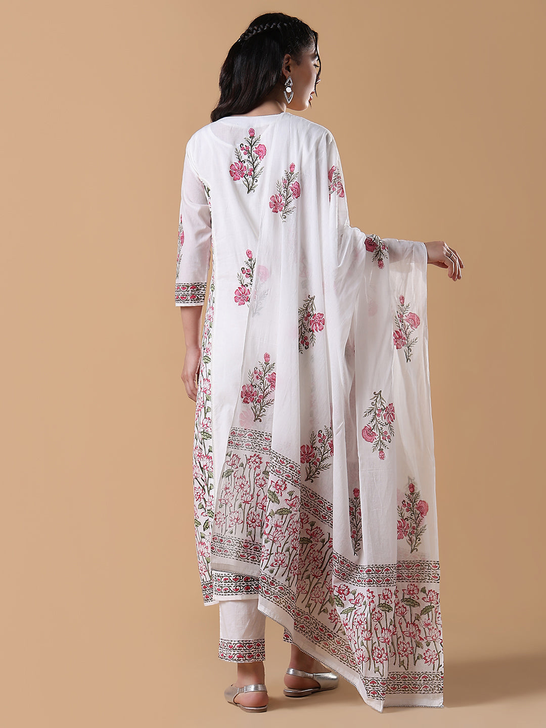 Women Hand Block Print A-Line White Kurta Set with Dupatta