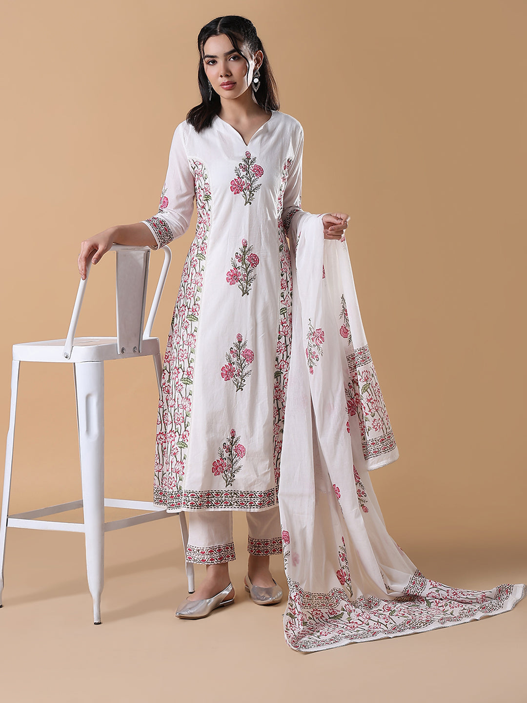 Women Hand Block Print A-Line White Kurta Set with Dupatta