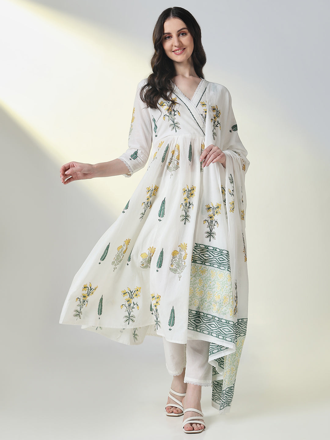 Women White Floral Anarkali Kurta Set with Dupatta