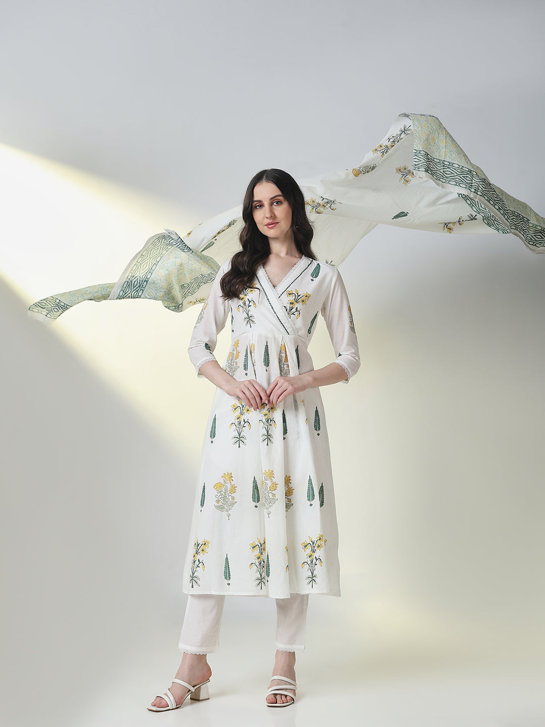 Women White Floral Anarkali Kurta Set with Dupatta