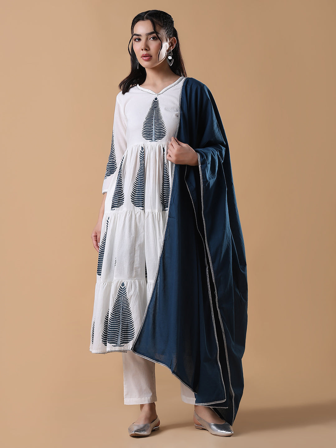 Women Hand Block Print Anarkali White Kurta Set with Dupatta