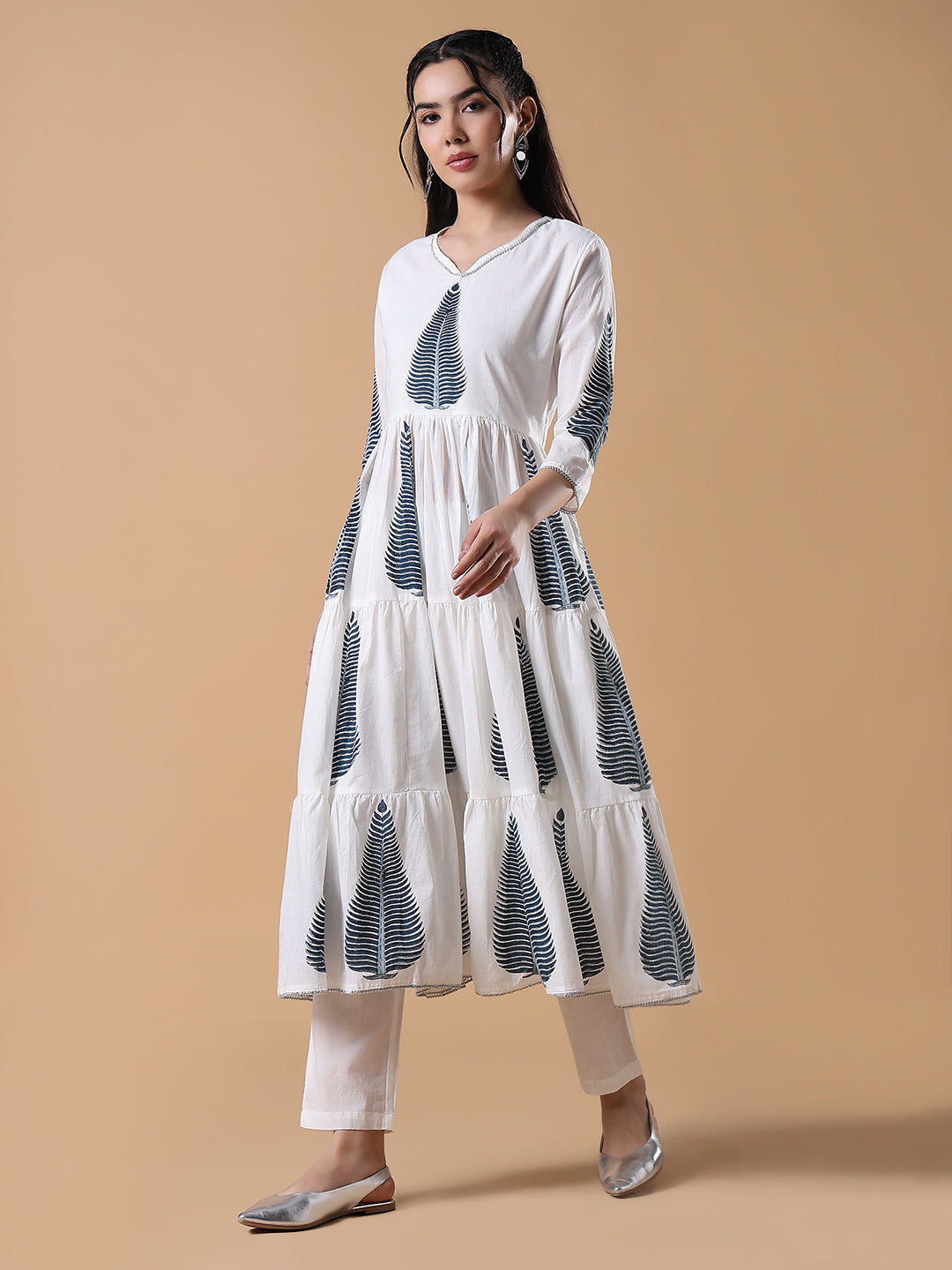 Women Hand Block Print Anarkali White Kurta Set with Dupatta