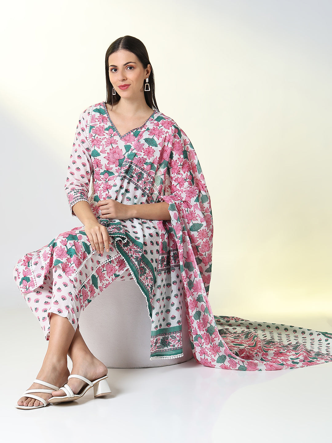 Women White Floral A Line Kurta Set with Dupatta