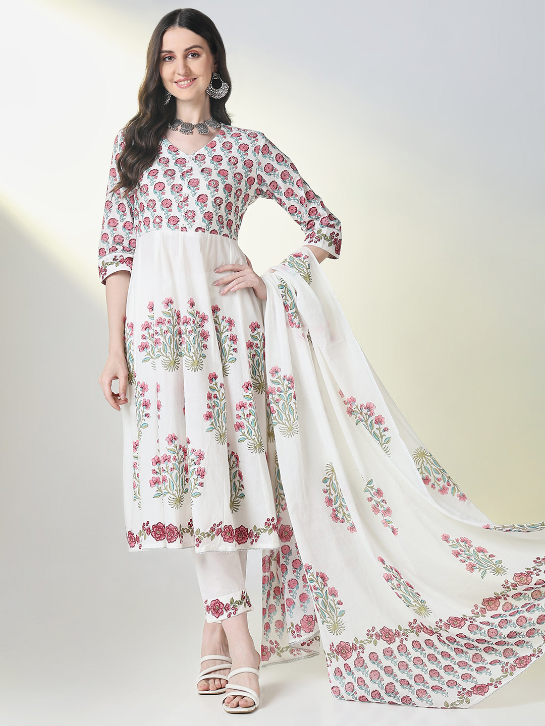 Women White Floral Anarkali Kurta Set with Dupatta