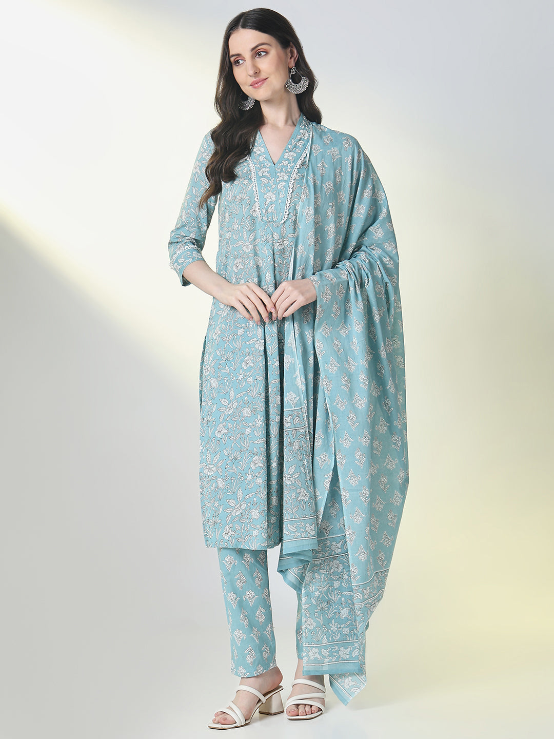 Women Blue Floral Straight Kurta Set with Dupatta