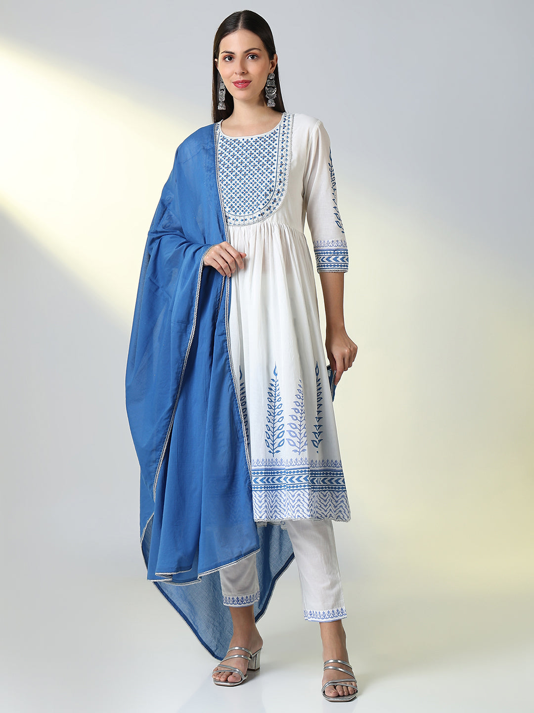 Women White Graphic Anarkali Kurta Set with Dupatta