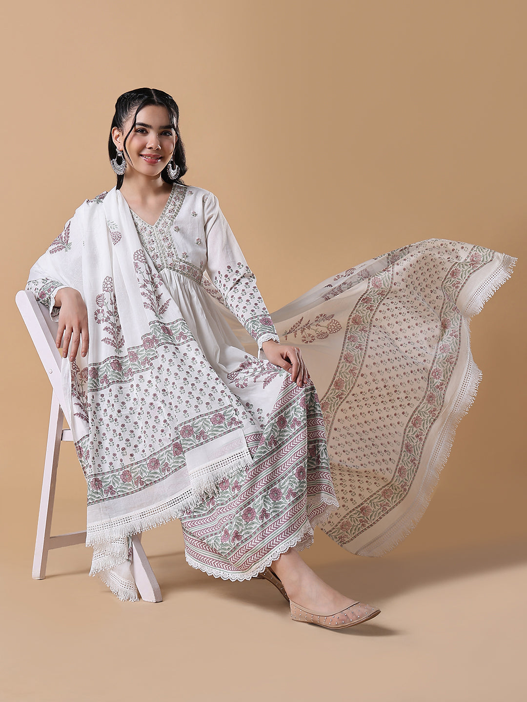 Women Hand Block Print Anarkali Thread Work White Kurta Set with Dupatta