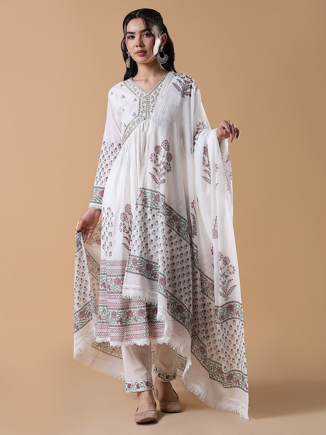 Women Hand Block Print Anarkali Thread Work White Kurta Set with Dupatta