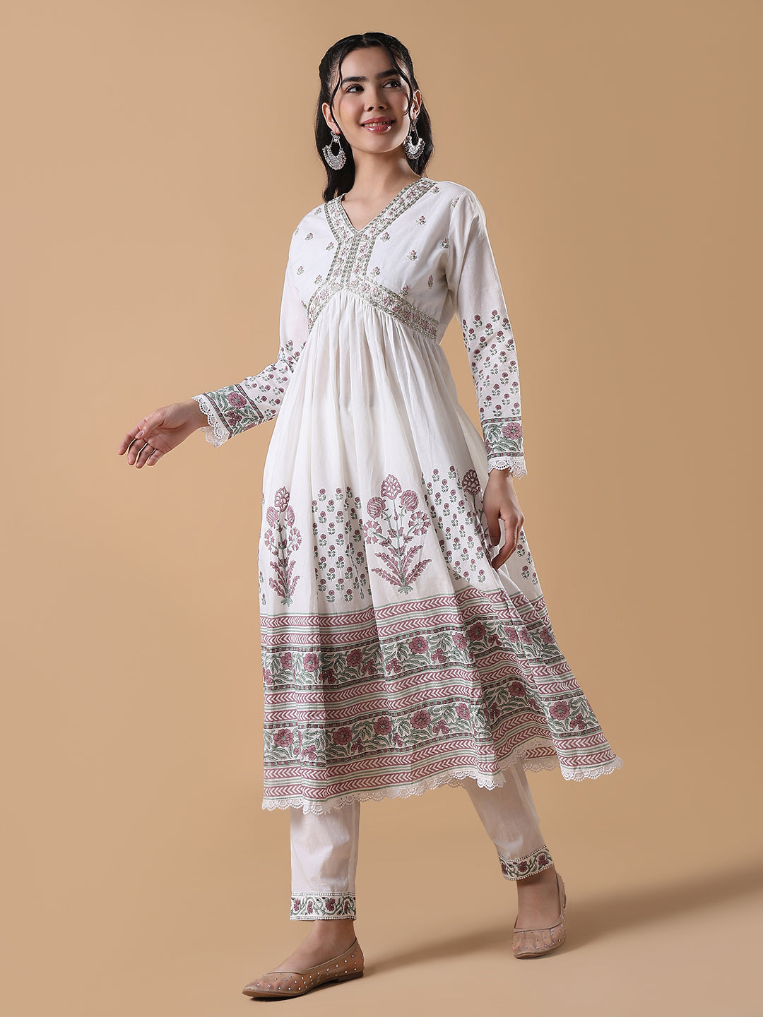 Women Hand Block Print Anarkali Thread Work White Kurta Set with Dupatta