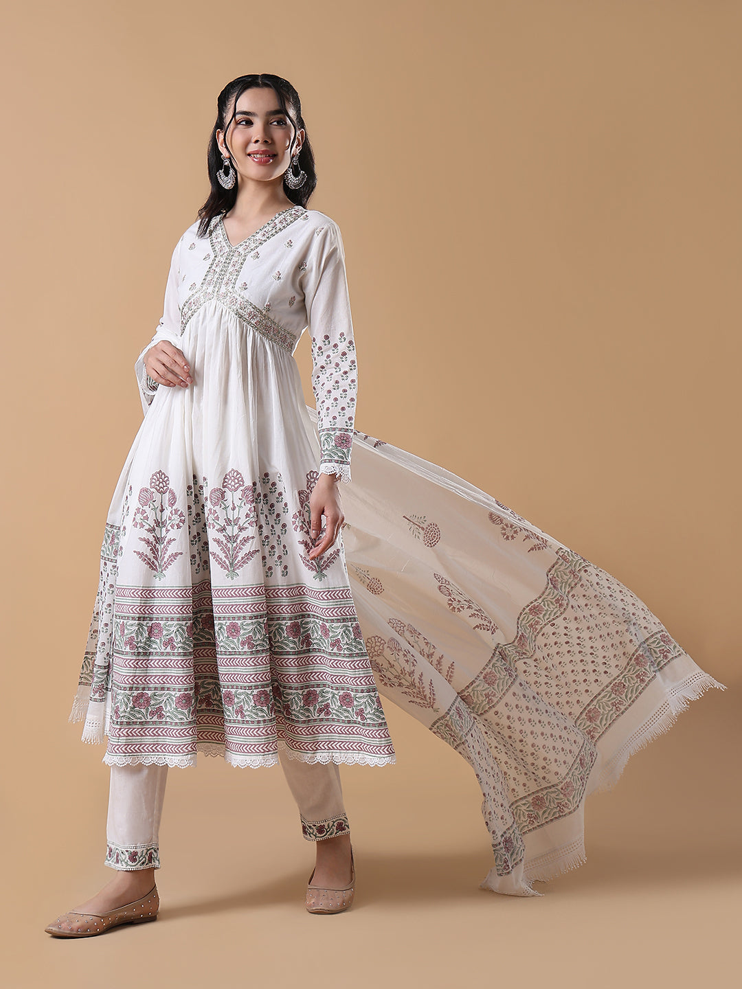 Women Hand Block Print Anarkali Thread Work White Kurta Set with Dupatta