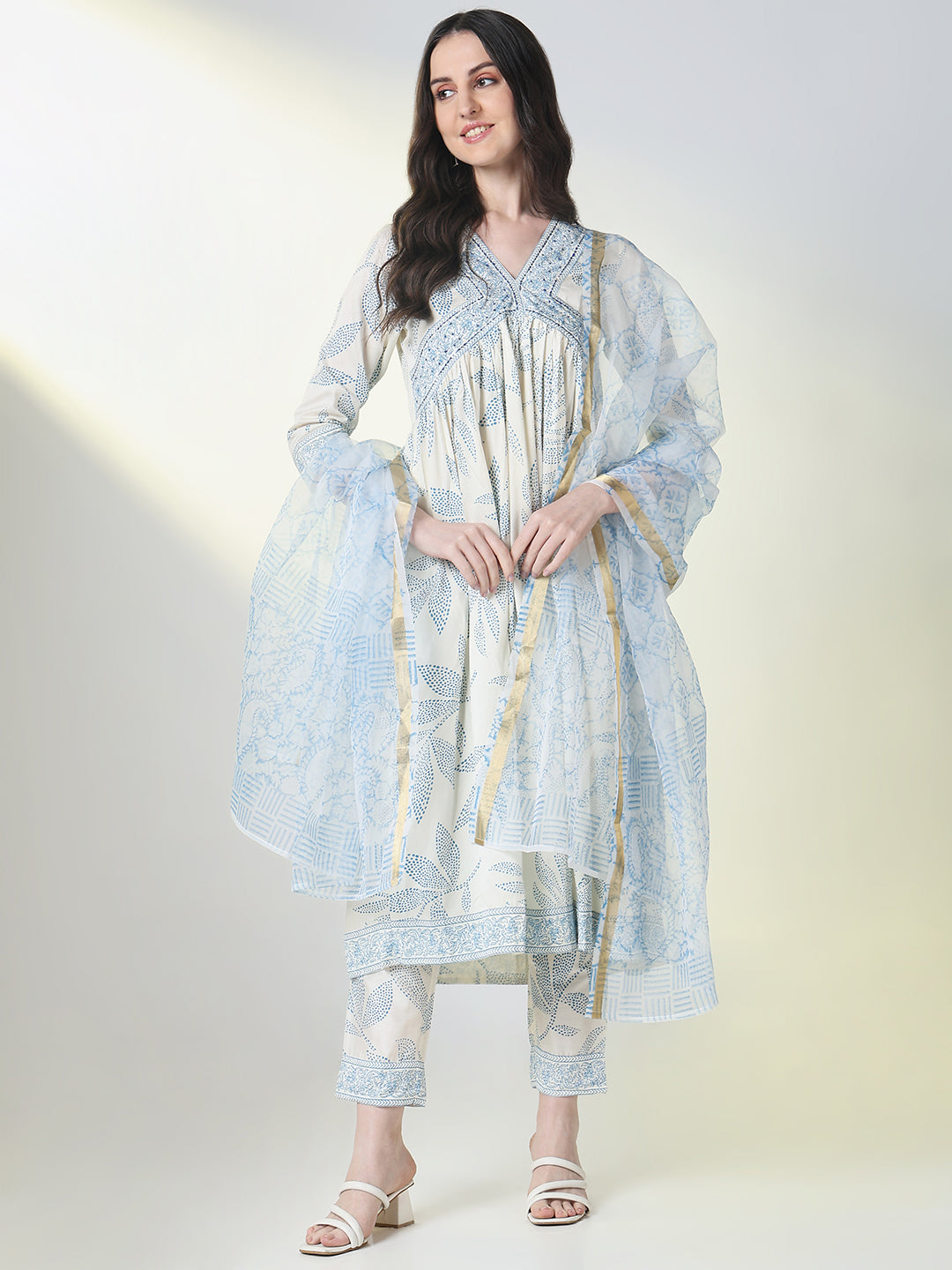 Women White Floral A Line Kurta Set with Dupatta