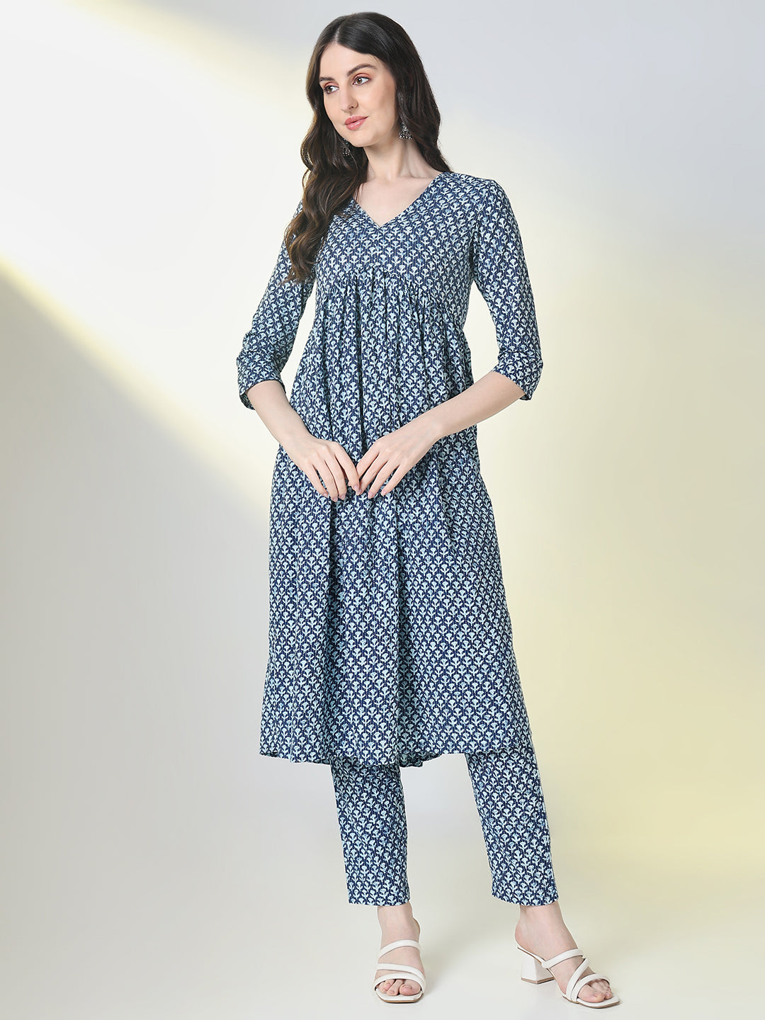 Women Blue Floral A Line Kurta Set