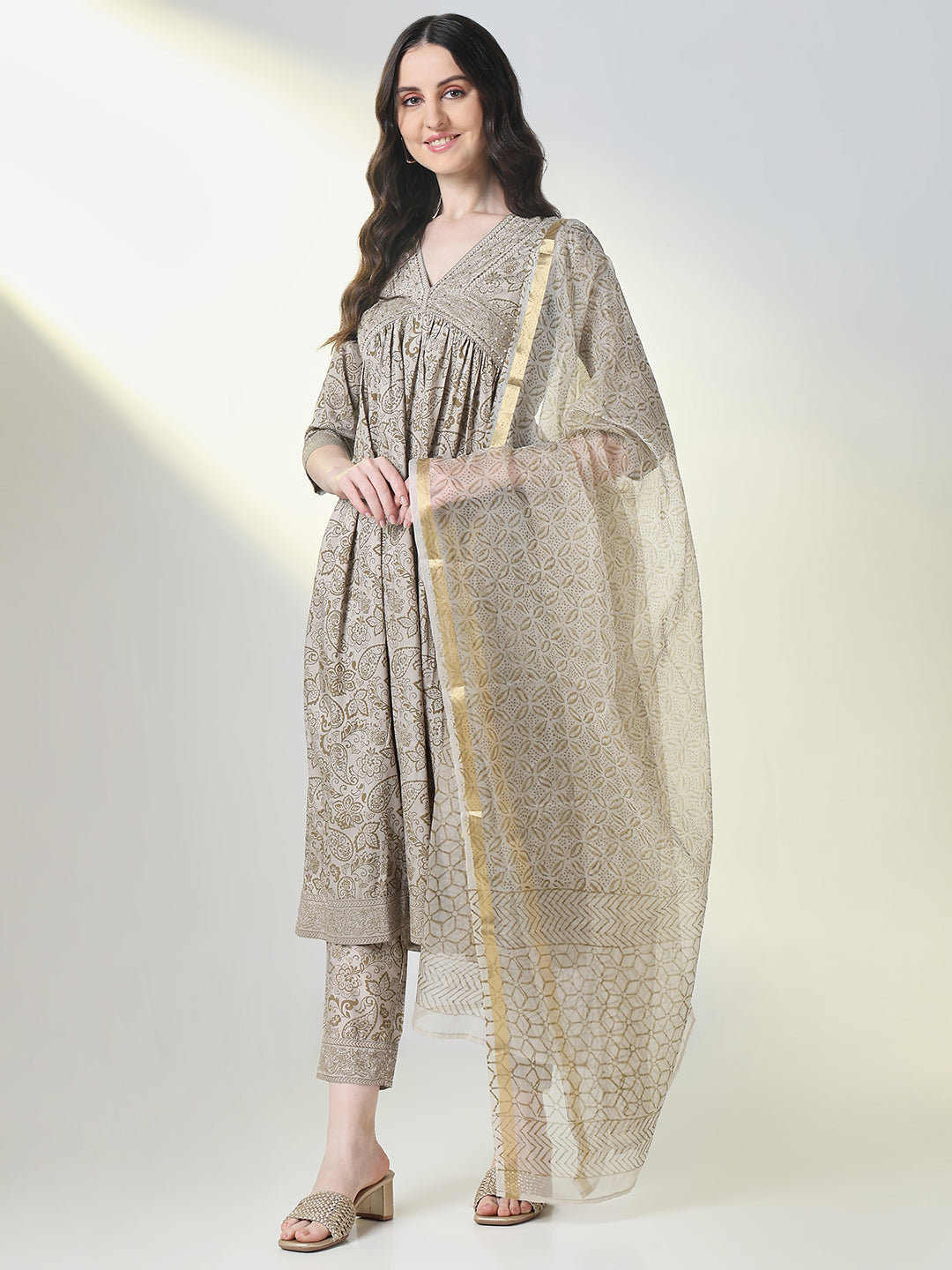 Women Grey Graphic A Line Kurta Set with Dupatta