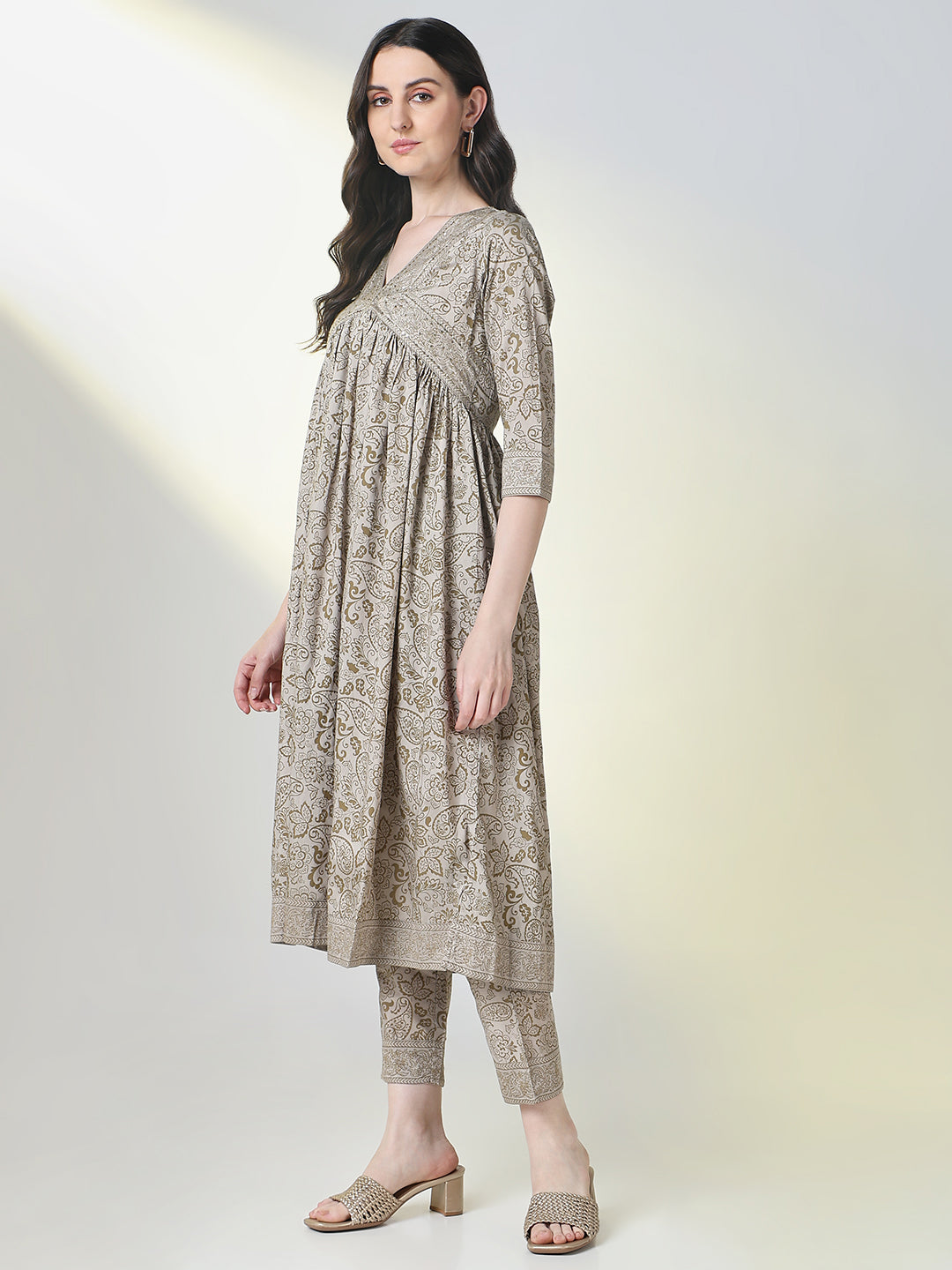 Women Grey Graphic A Line Kurta Set with Dupatta