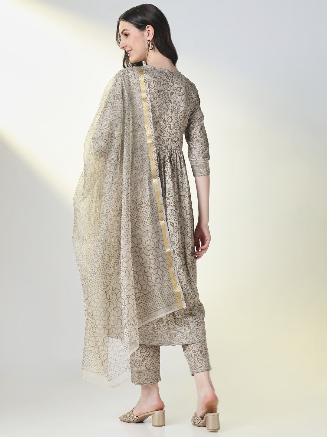 Women Grey Graphic A Line Kurta Set with Dupatta